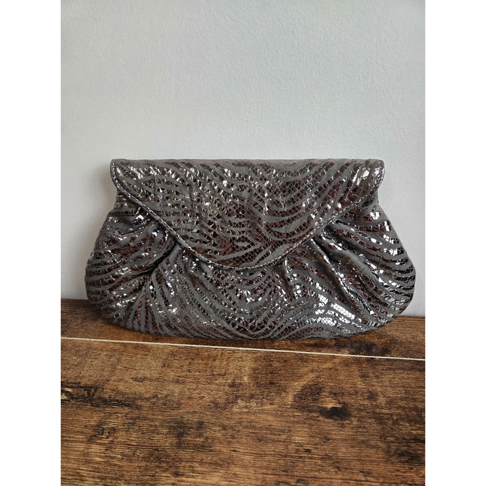 Lauren Merkin Metallic Pewter Snakeskin Zebra Print Envelope Clutch Bag Pouch